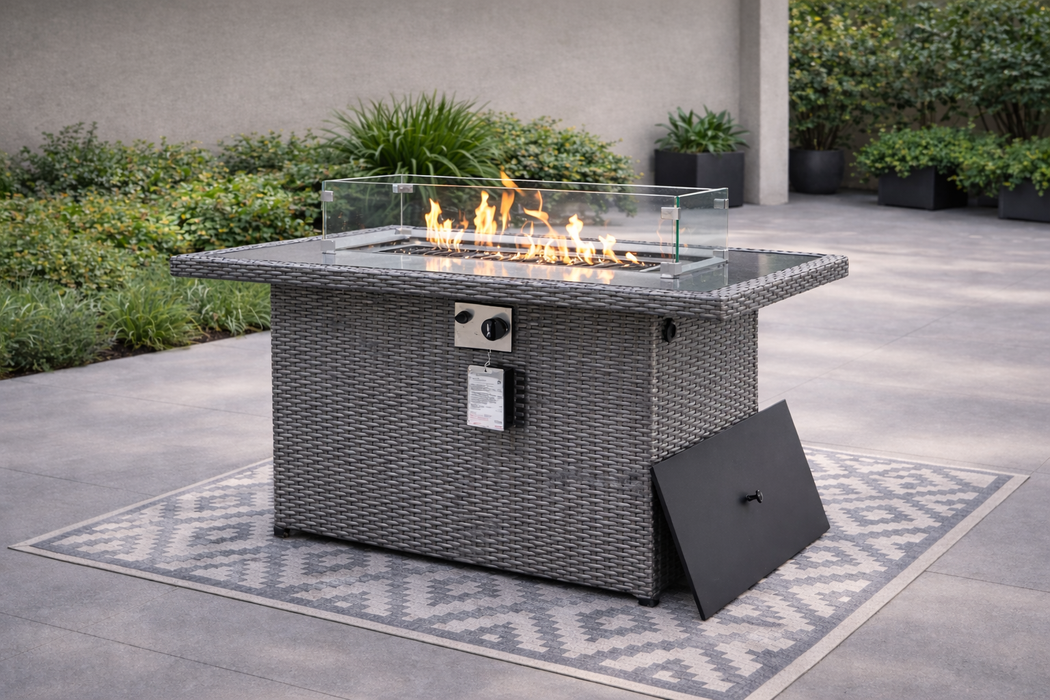 OSOS 45” Propane Gas Fire Pit Table Glass Top with Lid & Fire Rocks