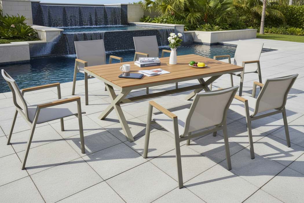 Ken Wood Top Aluminum 7 Piece Outdoor Dining Table Set
