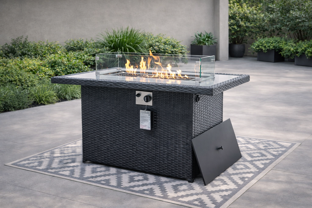 OSOS 45” Propane Gas Fire Pit Table Glass Top with Lid & Fire Rocks