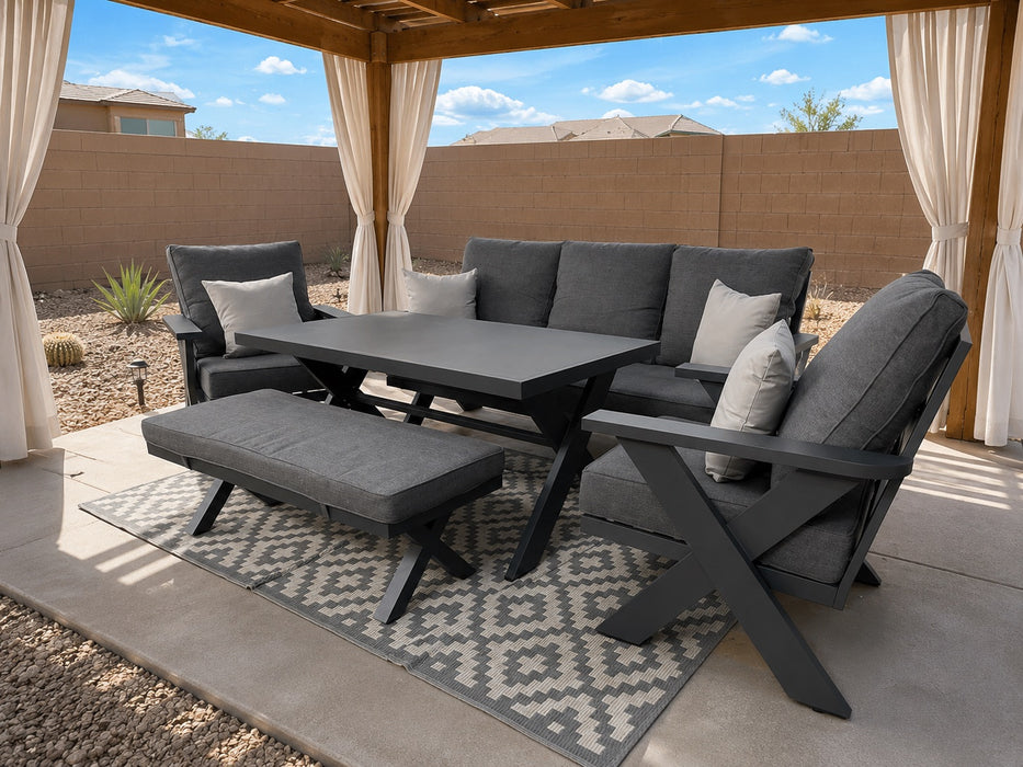 Gracie 6 Piece Aluminum Dining Table Couch Loveseat Chairs Bench Set