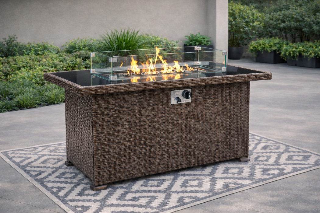 OSOS 45” Propane Gas Fire Pit Table Glass Top with Lid & Fire Rocks