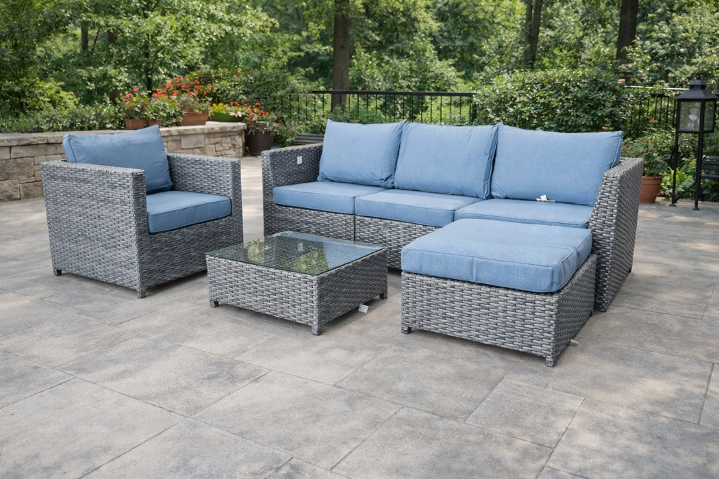 Sue Couch and Chair Blue Cushion Set