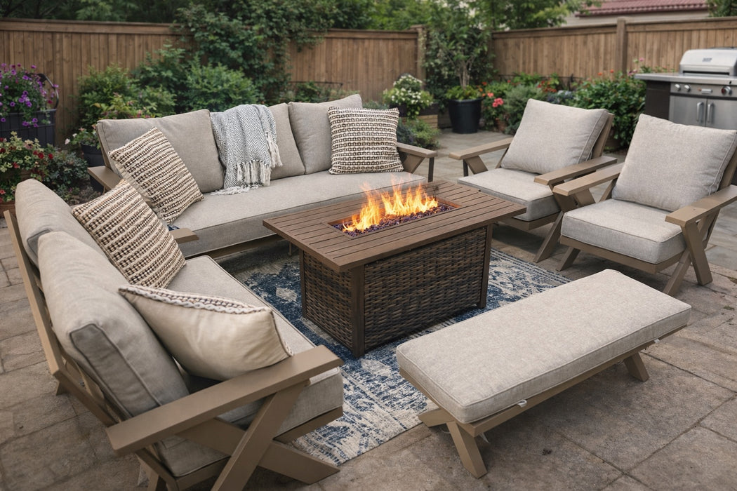 Gracie outdoor seating set with fire pit configuration in a backyard
