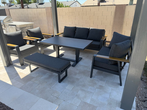 Lincoln aluminum patio dining set on a covered patio