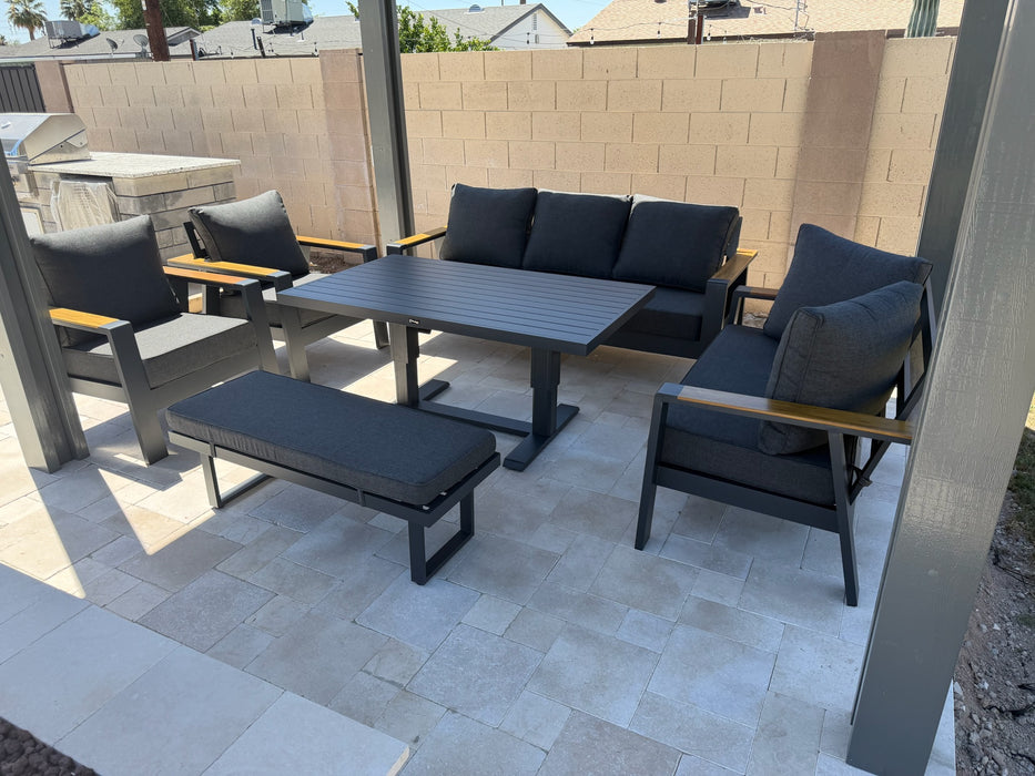 Lincoln aluminum patio dining set on a covered patio