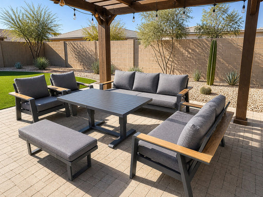 Lincoln 6-piece aluminum patio dining set under a pergola