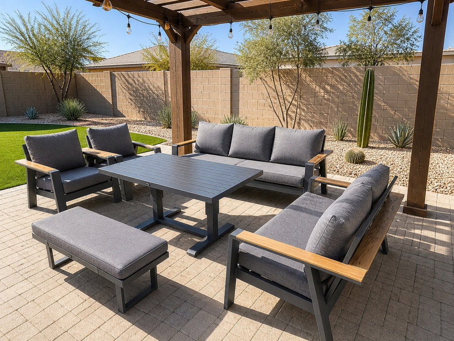 Lincoln 6-piece aluminum patio dining set under a pergola