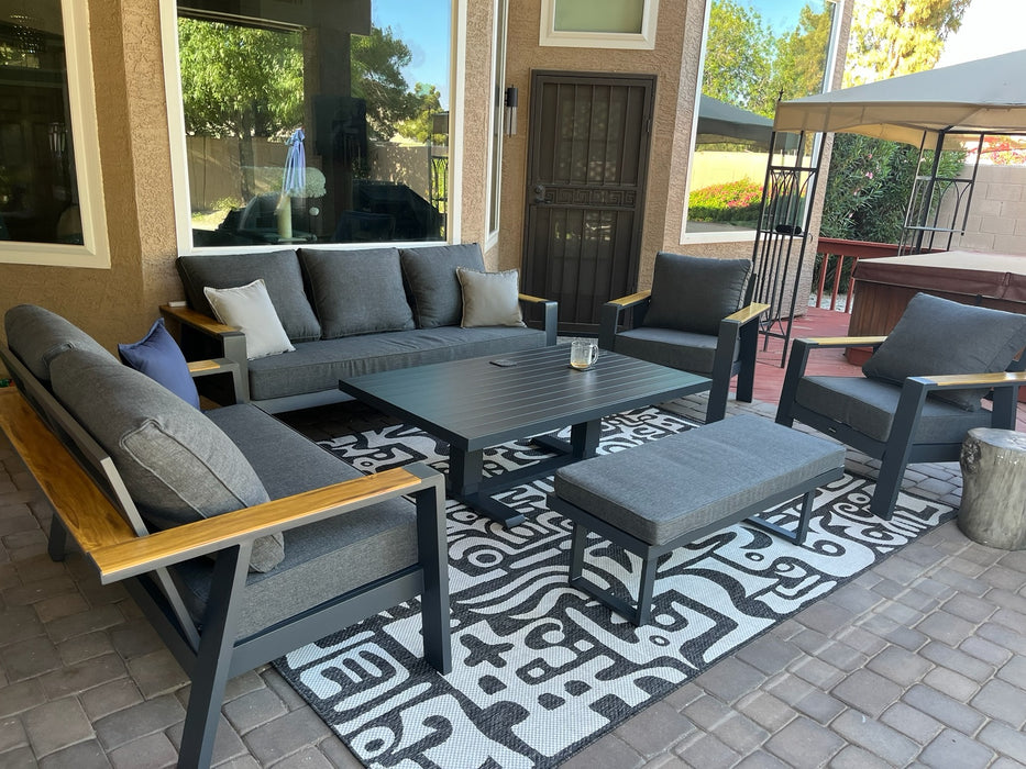 Lincoln patio dining set arranged in a finished backyard entertaining space